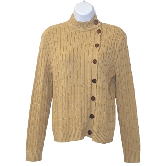 Lauren Ralph Lauren 100% Cotton Cable Knit Sweater Off Center Buttons Camel P/L - Picture 1 of 10